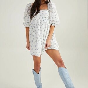 ALTAR'D STATE Victoria Babydoll Dress Puff Sleeve Swiss Dot Cottagecore Floral S